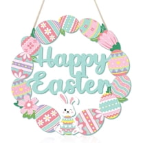 Happy Easter Decorations Sign, Bunny Eggs Wood Wreath for Front Door Porch Window Wall Hanging Decor, Pink Green Spring Decoration for the Home (Bunny Egg)