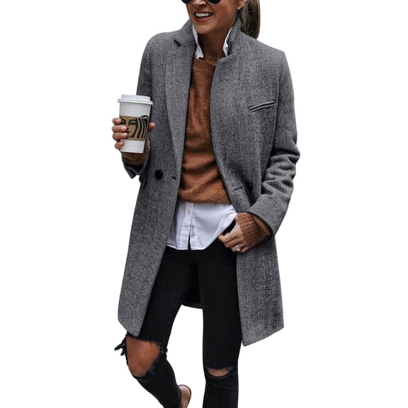Women Herringbone Mid‑Length Wool Blend Coat Lapel Double Breasted Overcoat