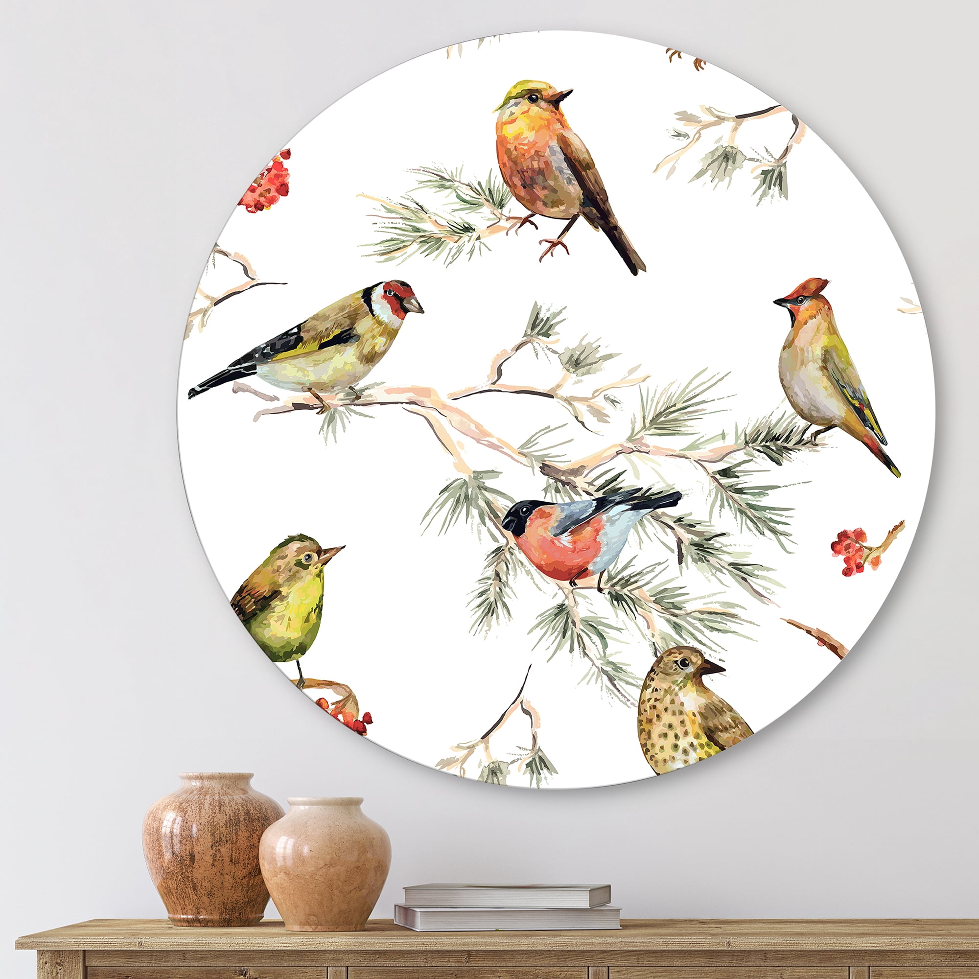 Designart 'Forest Birds Sitting On Branches' Traditional Circle Metal Wall Art 11x11 - Disc of 11