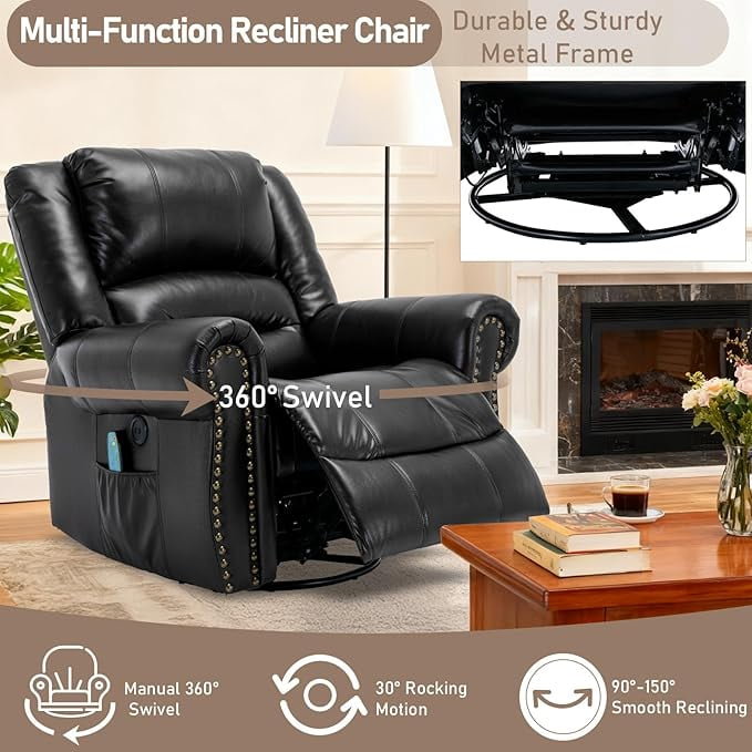 EPICOZY Manual Massage Swivel Rocker Recliner with Heat and Vibration, 360° Swivel Glider Rocking Recliner Chair, Classic Living Room Lounge Recliners with Side Pockets & USB Ports, Black