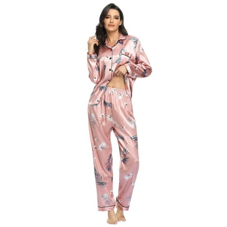 

Women’s Silk Satin Classic Long Sleeve Pajamas Button Down Silky Floral Set Loungewear Sleepwear