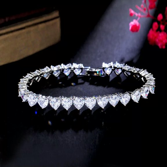 Stunning White Cubic Zircon Silver Plated Heart Stone Tennis Bracelet for Women