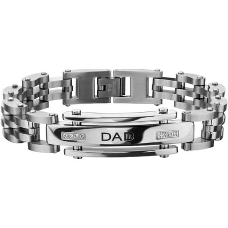 Steel Art Men's Stainless Steel ID Engraved DAD with Clear CZ Link Bracelet