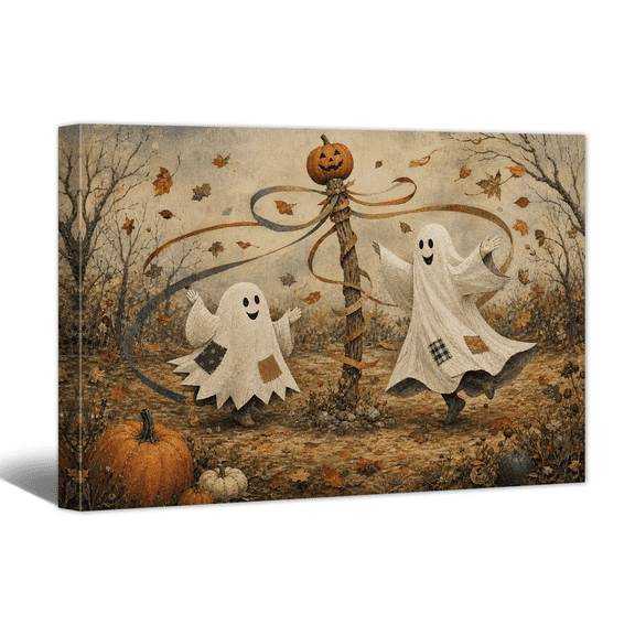 Halloween Cute Ghost Canvas Wall Art Playing with Pumpkin Funny Print, Abstract Rustic Picture Paintings Vintage Artwork for Living Room Bedroom Home Office Decor