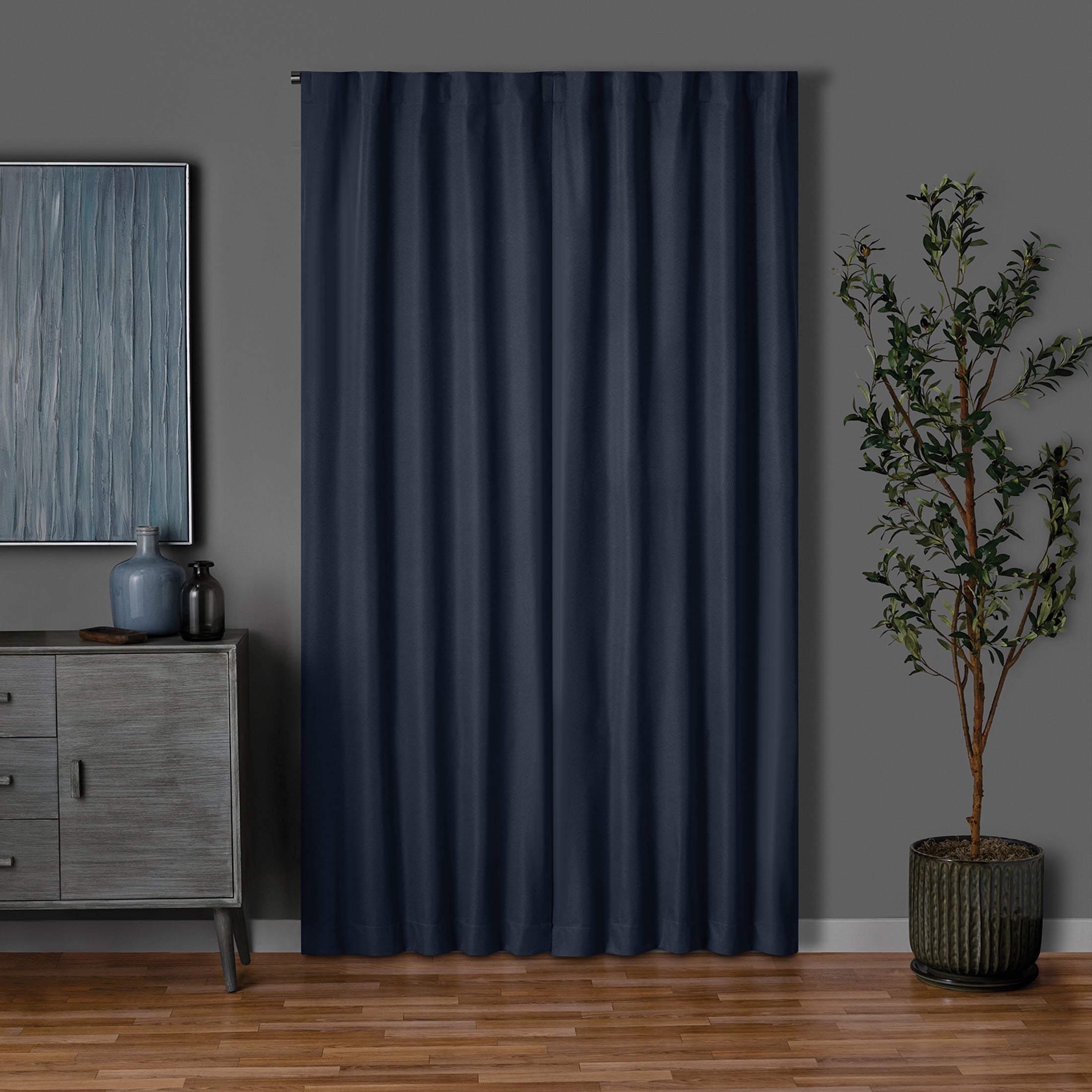 Mainstays Dark Navy Solid Blackout Rod Pocket with Back Tabs Curtain Panel Pair, Set of 2, 30" W x 84" L