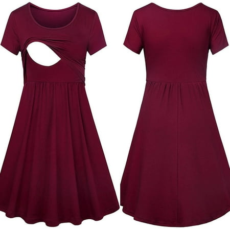 

LoyisViDion Womens Maternity Dresses Clearance Women Pregnant Maternity Nursing Solid Breastfeeding Summer Maternity Dress Wine 6(M)