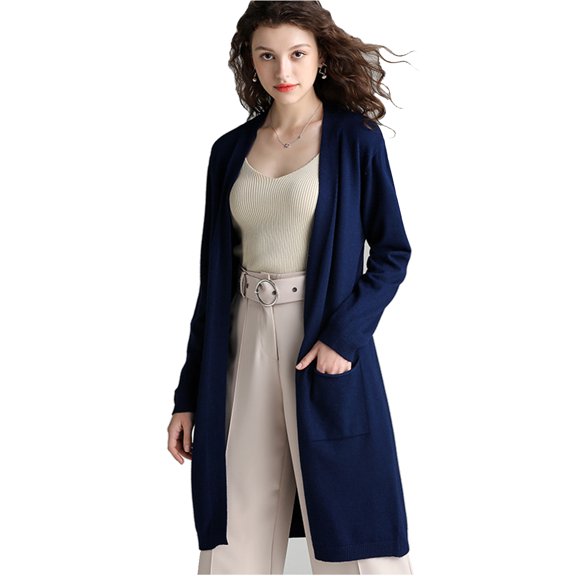Womens Open Front Knit Long Sleeve Slits Drape Duster Coat Cardigan Sweater with Pockets, Navy Back Slit