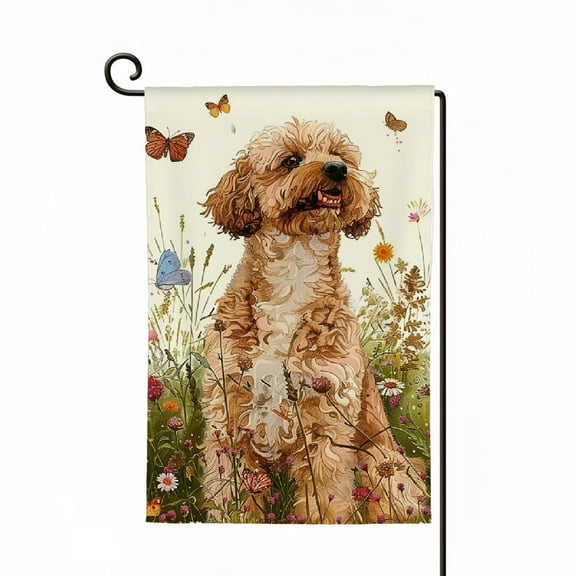 Heduofu Spring Summer Garden Flag Floral Golden Doodle Puppy Yard Flag Flower Dog Garden Flags for Outside Small Outdoor Welcome Flags Double Sided White