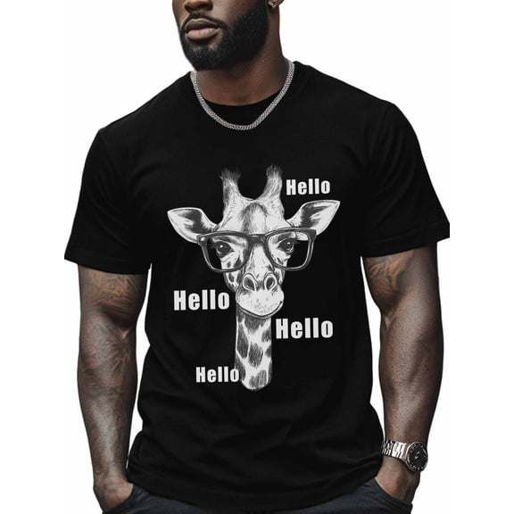 Giraffe Men's T Shirts Eyes Hello T-Shirt for Men Animal Sketch Crew Neck Tees Cotton Tops, Black, S