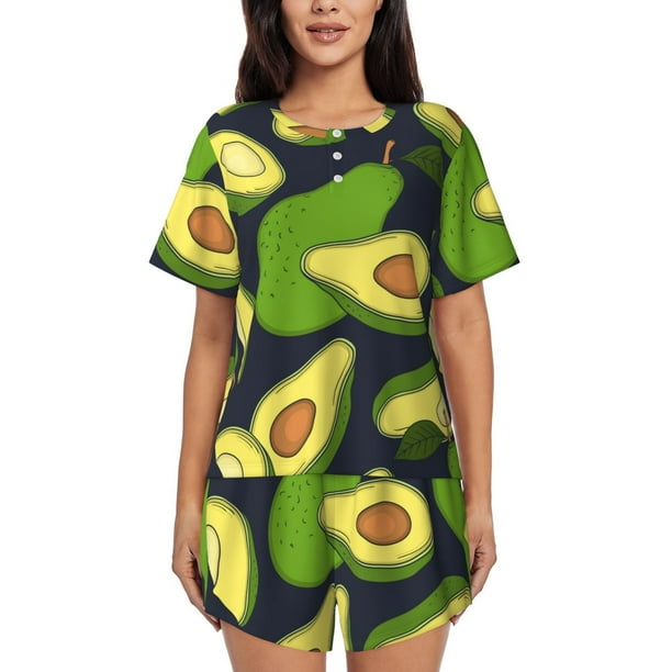 Fotbe Fresh Avocado Conjunto de Pijama Estampado para Mujer, 2 Piezas, Ropa de Dormir con Camiseta de Manga Corta y Shorts Suaves-Large