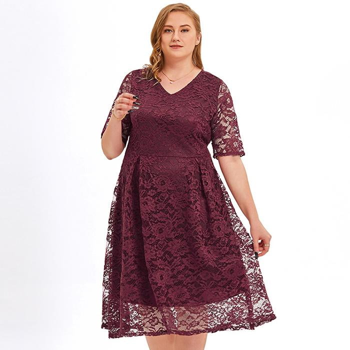 Robe Patineuse Midi Grande Taille pour Femmes, Dentelle Florale