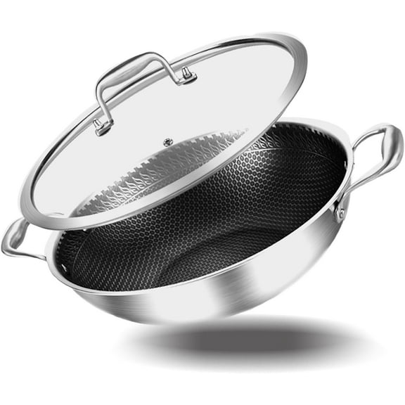 Tri-Ply Stainless Steel Wok 13in Nonstick Deep Wok Pan with Lid,Stir-Fry Pans,5.5QT Cooking Pot induction Large woks,Compatible with All Cooktops Up to 550°F(Double Handle)
