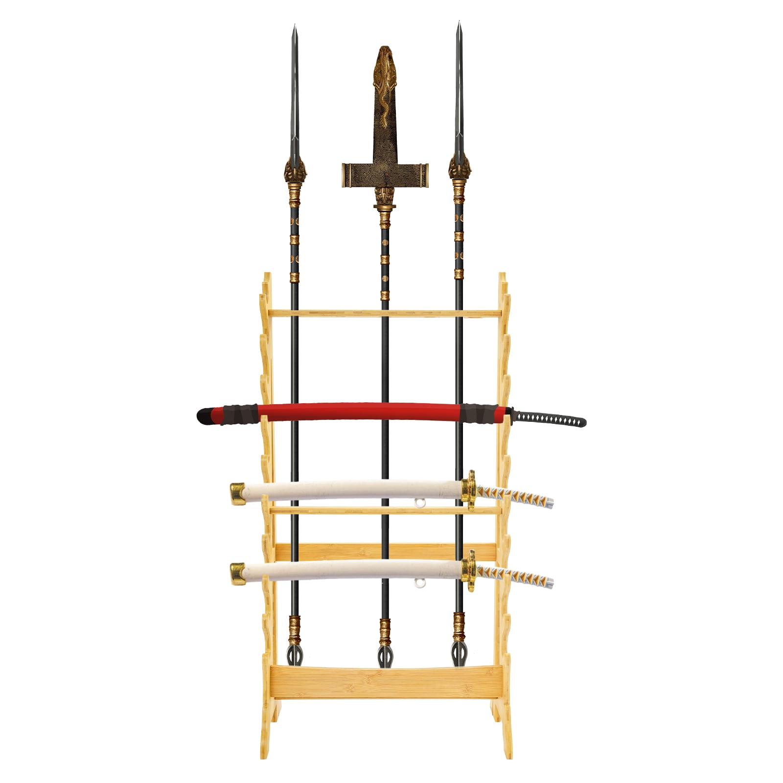 Log Color Katana Sword Stand,10 Tier Sword Display Floor Stand,5 Spear Holes Bamboo Samurai Katana Stand Holder,Sturdy Sword Rack Floor Stand | Martial Arts Anime Shelves Sword Hangers