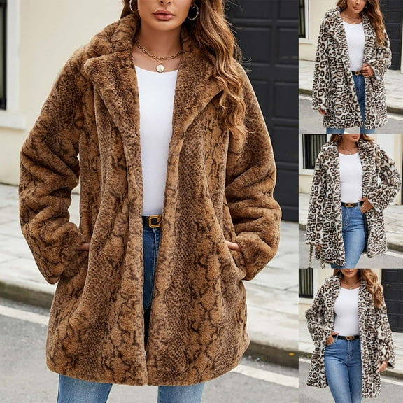 Juebong Women's Faux Fur Coat Loose Lapel Fluffy Fuzzy Jacket Long Sleeve Open Front Winter Jackets Parka Shaggy Warm Coats Brown,L