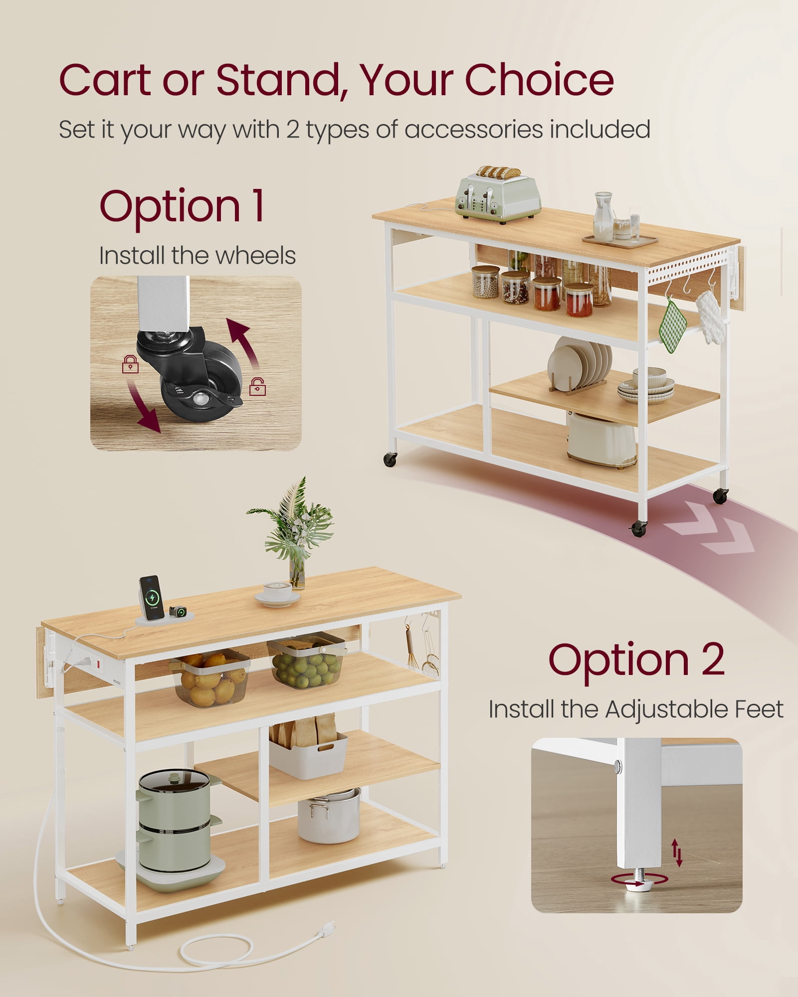 Kitchen Island with Drop Leaf, Kitchen Workbench with Extendable Worktop, Kitchen Cart, Pegboard, Power Strip, Adjustable Shelf, Golden Oak and Cloud White