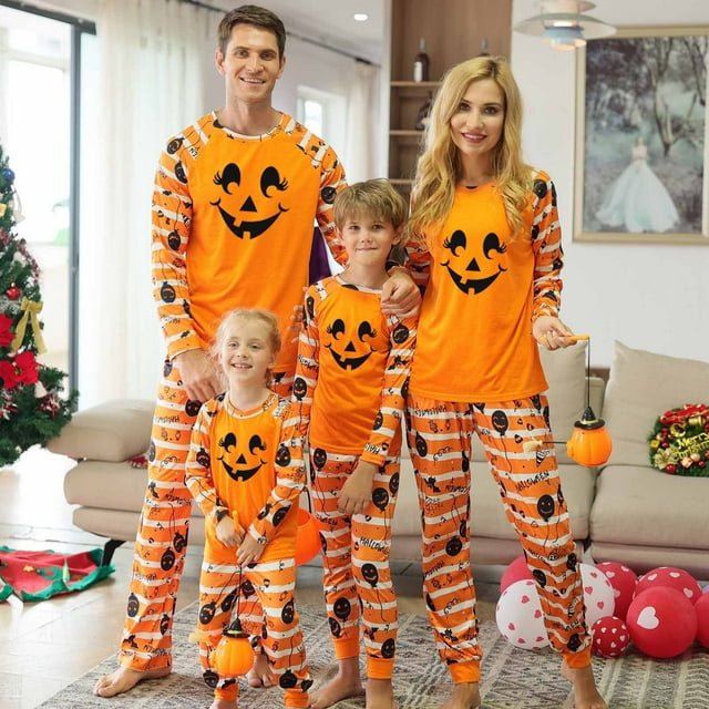 TIMIFIS Pyjamas d'Halloween pour Famille pour Femmes/hommes Ensembles Assortis de Pjs de Vacances d'Halloween 2 Pcs Combinaison de Pyjama Toile d'Araignée Fantômes Citrouille Squelette Haut et Pantalon Tenue de Maison Hiver