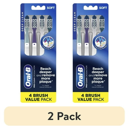 (2 pack) Oral-B Pro Clean Cross Action Soft Bristle Toothbrush, Deep Plaque Removal, 4 Count, for Adults & Children 3+