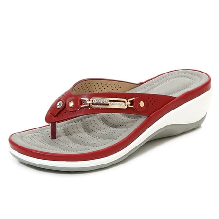 

Low Platform T-Strap Jewel Sandals High Flip Flops Ladies Platform Comfort Penny Shoes 40 Red
