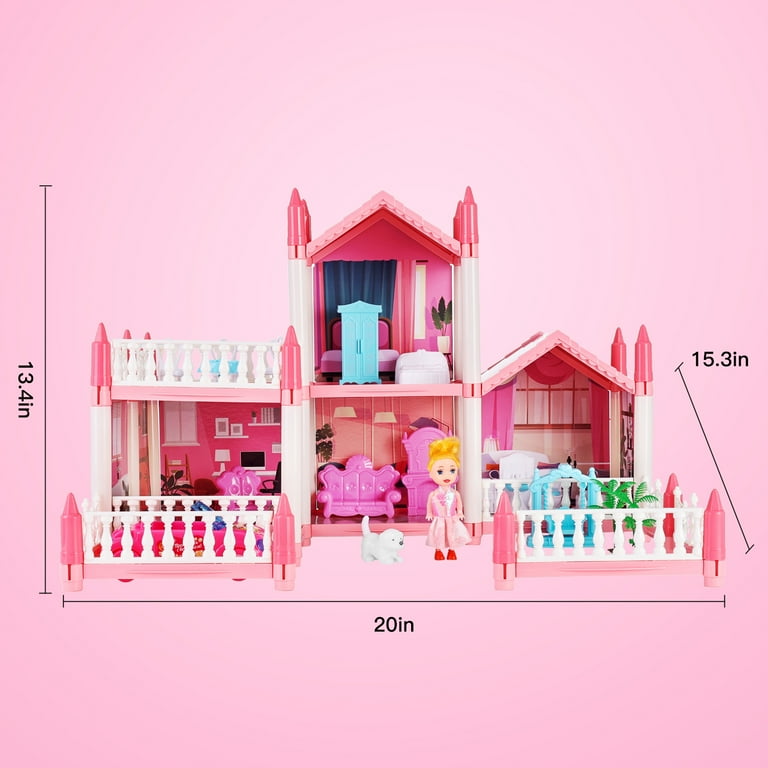 Anpro Pink Dollhouse Pretend Play Set for Kid Big Villa Princess Castle 5 Rooms Dollhouse with Doll Toy Figure for Boys and Girls Age 3 Play House