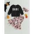 thumbnail image 3 of Lamuusaa Toddler Girls 3Pcs Halloween Pants Sets Long Sleeve Letter Print Tops and Floral Flared Pants Headband Sets, 3 of 9