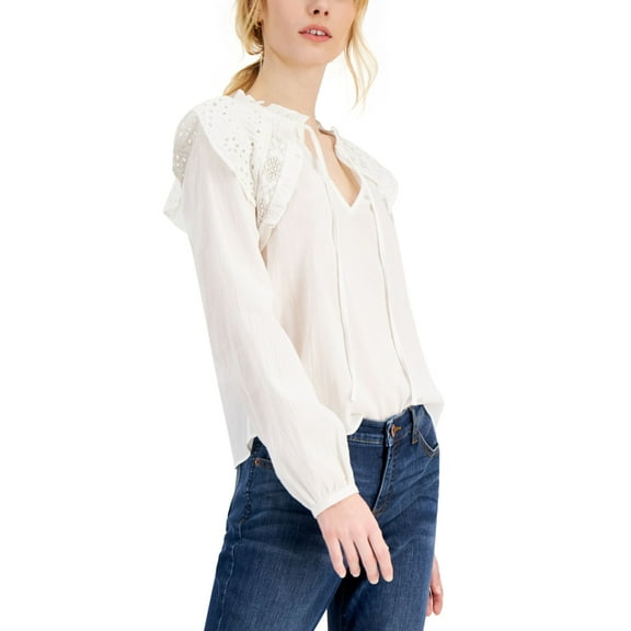 INC International Concepts Cotton Eyelet Trim Top Washed White L
