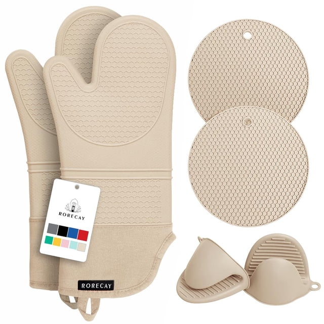 Juego de guantes y soportes para ollas Rorecay, silicona, 500 °C, 6 unidades