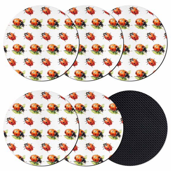 Cute Ladybugs Coasters Set of 6, Absorbent Coasters for Drinks, Spring Botanical Leaves Farmhouse Coaster for Desk Coffee Table Protection, Home Decor House Warming Gifts 4"