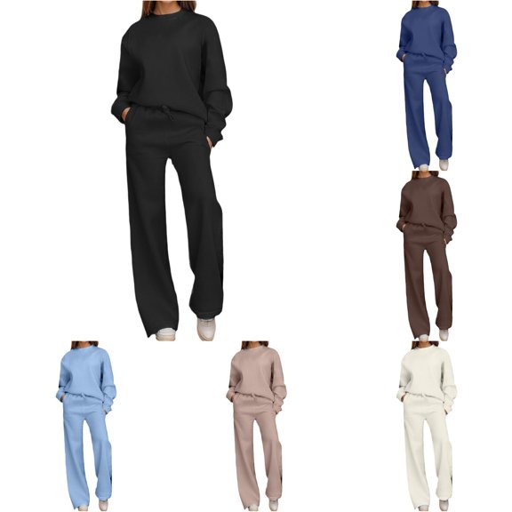 Unir Women Solid Loungewear 2 Piece Set, Crew Neck Loose Sweatshirt & Elastic Drawstring Wide Leg Pants Relaxed Home Wear True To Size