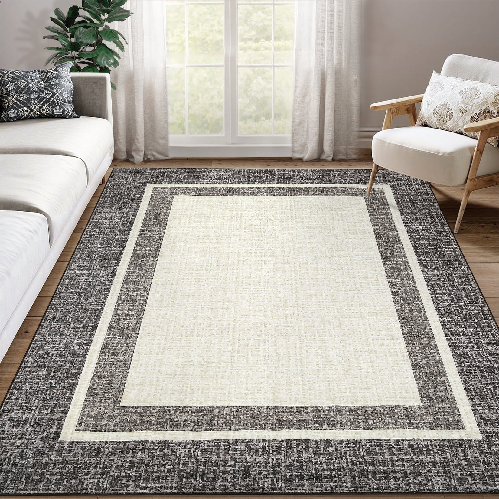 Hasoo Area Rugs for Living Room Washable 5x7 Rugs Chic Geometric Style Border Rug for Bedroom Dining Room Throw Indoor Carpet Brown