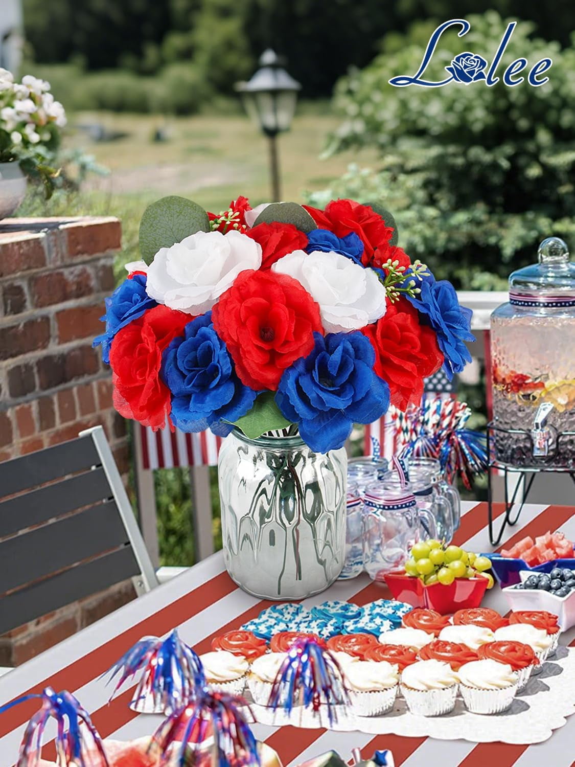 108pcs Roses Head Flowers with Stem - Red Blue White Artificial Flowers Rose Bulk - Silk Rose Fake Flower Arrangement for Patriotic Memorial Bouquet Grave Centerpieces 4th of July Veterans Party Deco