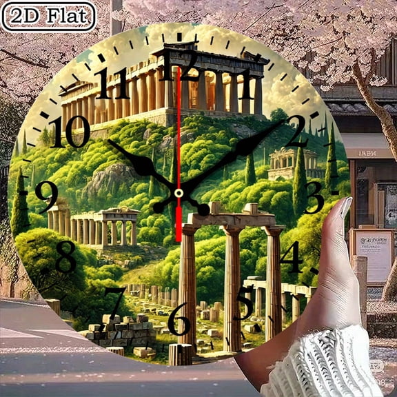 Ancient Greek Temple Landscape Wall Clock Round 10x10 Inch Decorative Timepiece for Living Room Battery Not Included 1pc