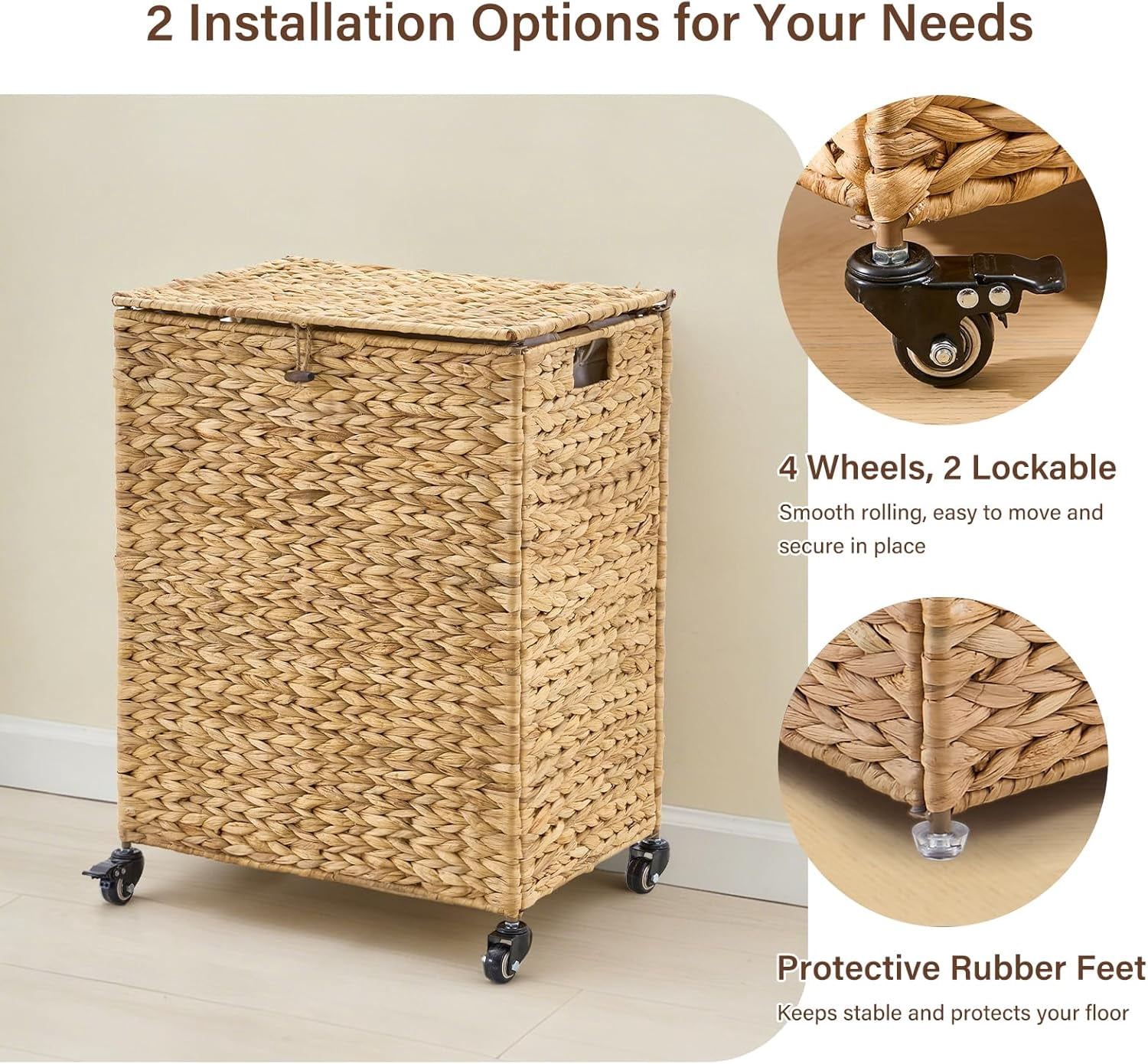 Casa Pura Furniture 90L Natural Hand-Woven Water Hyacinth Laundry Hamper with Wheels, Lid & Removable Washable Liner, Clothes Storage Basket for Bathroom & Laundry Room