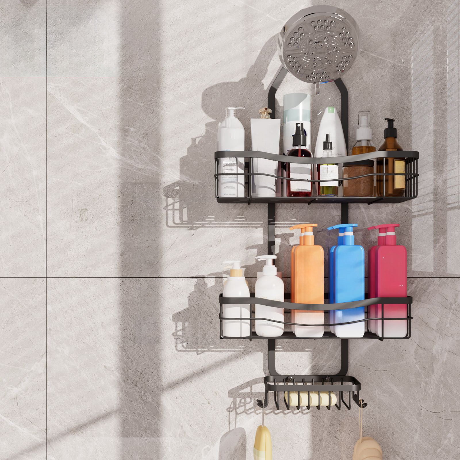 Stainless Steel Shower Caddy, Black Shower Organizer Rack, No Drill Installation, Hanging Shower Shelf for Bathroom, Shampoo Storage with Hanger