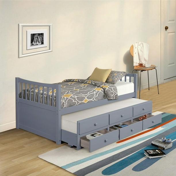 Modern Wooden Daybed With Trundle Kids, Twin Bed Frame With Trundle And Storage Boxes