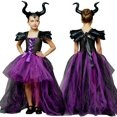 thumbnail image 3 of Conjunto de 3 piezas para Halloween, disfraz de maléfica para niña, trajes altos y bajos, vestidos de malla con capa de plumas para fiesta de Carnaval, 3 of 5