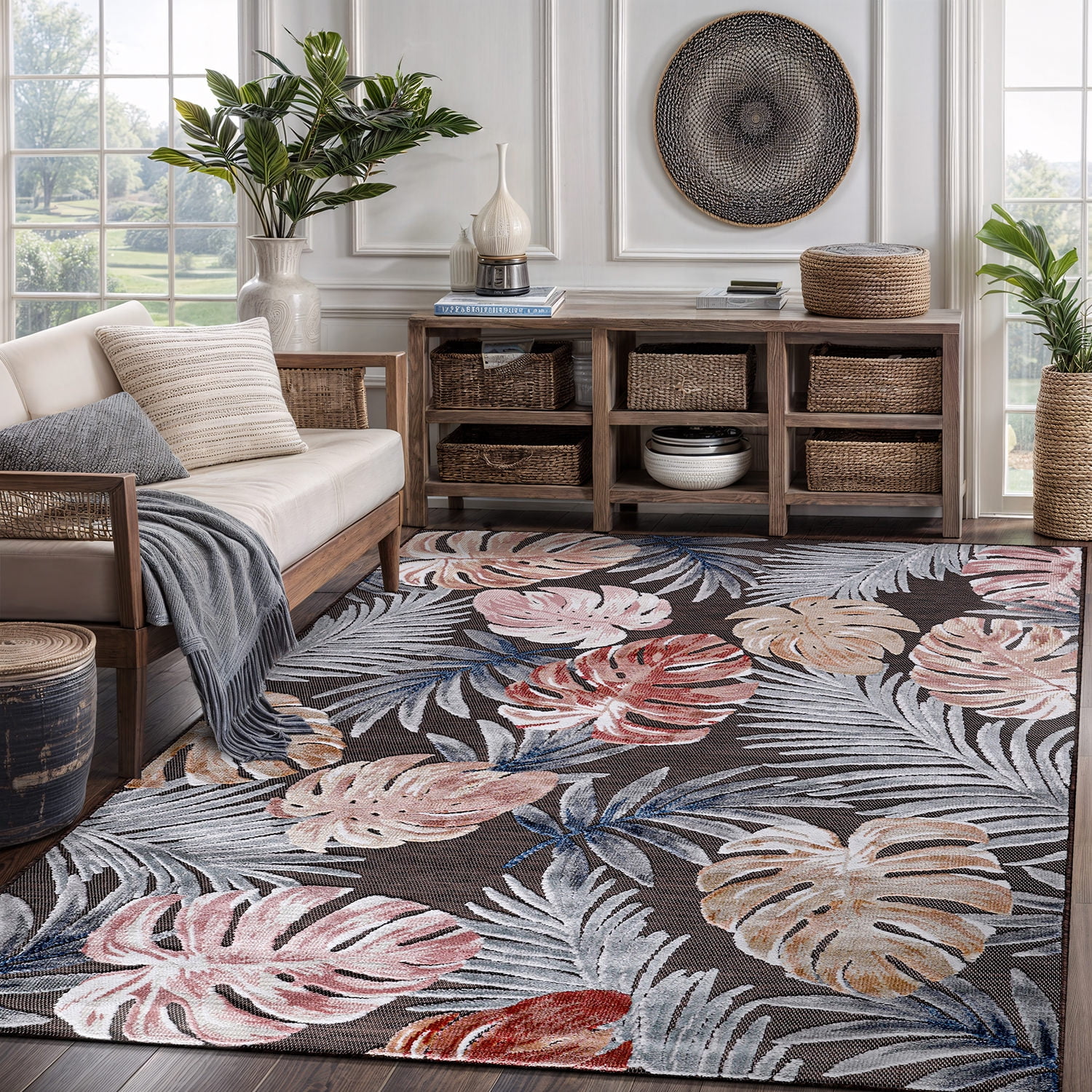 CAMILSON Spring Leaf Tropical Botanical Easy-Cleaning Non-Shedding Washable Outdoor Indoor Area Rug Brown 6x9