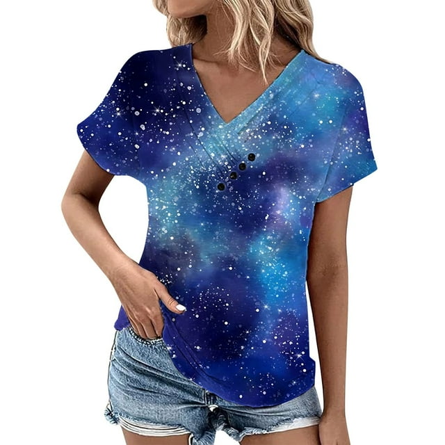 LUOGENLI T-shirts pour Femme pour Femmes T-Shirt à Manches Courtes pour Femme à Imprimé Étoile Col en V Robe à Boutons Coupe Ample T-Shirt Haut Décontracté Chemise d'Été T-shirts pour Femmes T-shirts Graphiques T-shirts Amusants de la Saint-Valentin Bleu TTTG
