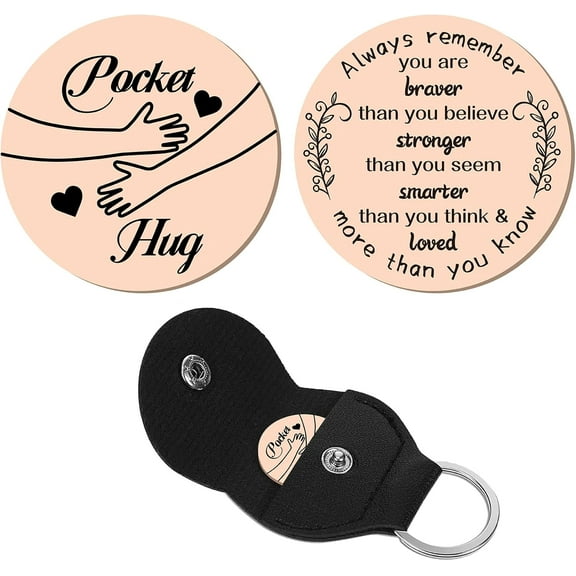 Pocket Hug Token Long Distance Relationship Keepsake Stainless Steel Double Sided Inspirational Gift with PU Leather Keychain for Women Son 1.2 Inch-You are Braver Than You Believe(Pink)