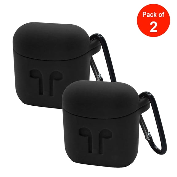 AMZER Portable Wireless Bluetooth Earphone Silicone Protective Box Anti-lost Dropproof Storage Bag with Hook for Apple AirPods 1/2(Black) - pack of 2