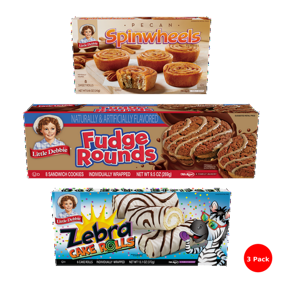 Little Debbie Snack Cake Combo (3 Pack) – Fudge Rounds - 8 Cookies, Pecan Spinwheels - 8 Sweet Rolls, Zebra Cake Rolls - 6 Cake Rolls (All Individually Wrapped)