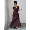thumbnail image 3 of Womens Brown V-Neck Tiered Ruffle Maxi Dress Flutter Sleeve Asymmetric Hem, 3 of 7