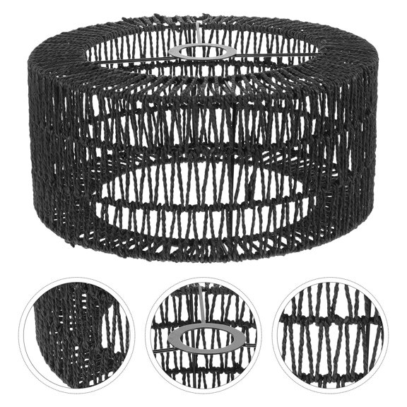 FRCOLOR Round Lamp Shade Black Rattan Woven Lampshade Straw Rope No Dazzling 1Pack