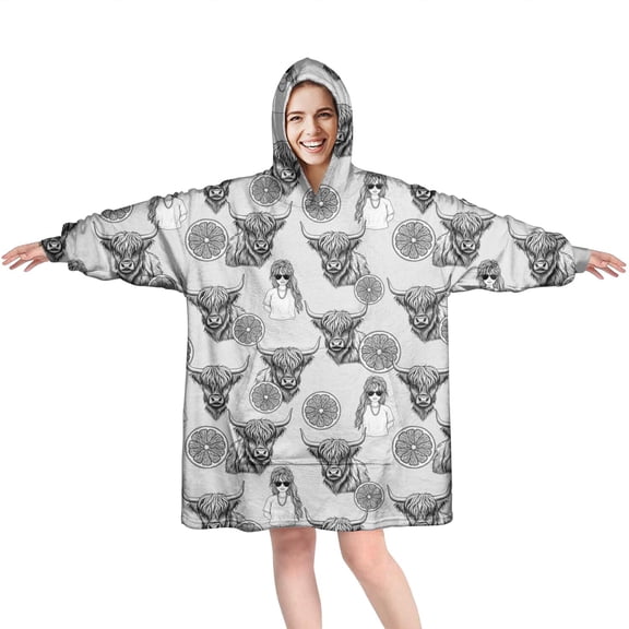 Gray Highland Cow Lemon Pattern Wearable Oversized Blanket,Wearable Blanket Hoodie for Adults,Cozy Hooded Blankets with Super Pockets,Super Warm Fuzzy Pullover for Women & Men