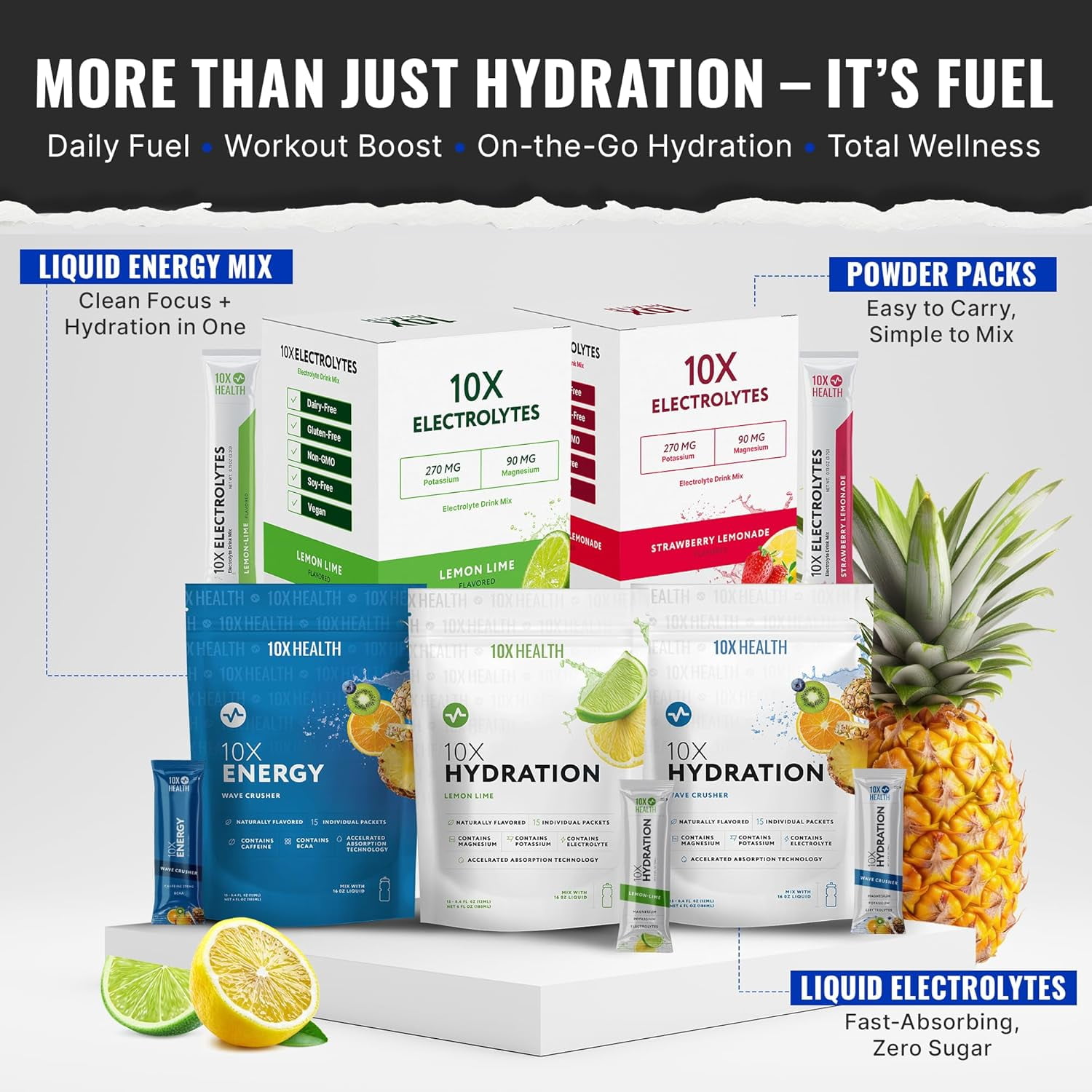 10X Hydration Wave Crusher - Electrolyte Drink Mix Packets, 15 Stick Packs, Natural Flavor