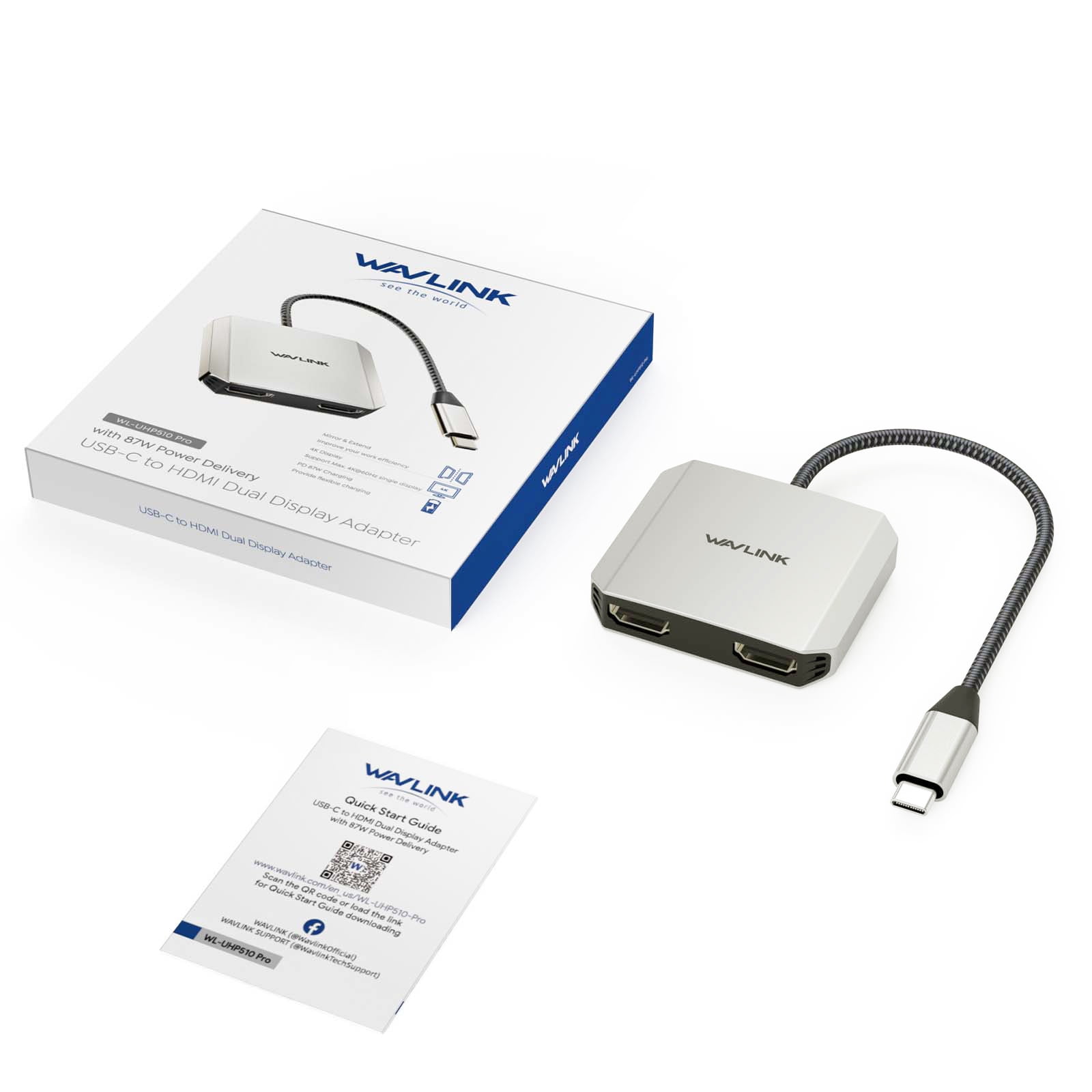 WAVLINK 4K@60Hz USB Hub, USB to Dual HDMI Adapter with 87W Charge for MacBook/Dell/HP/Lenovo Laptop