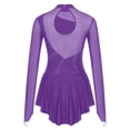 thumbnail image 4 of TiaoBug Women Rhinestone Figure Skating Dance Dresses Long Sleeve Sheer Mesh Lyrical Leotard Dress Purple S, 4 of 7