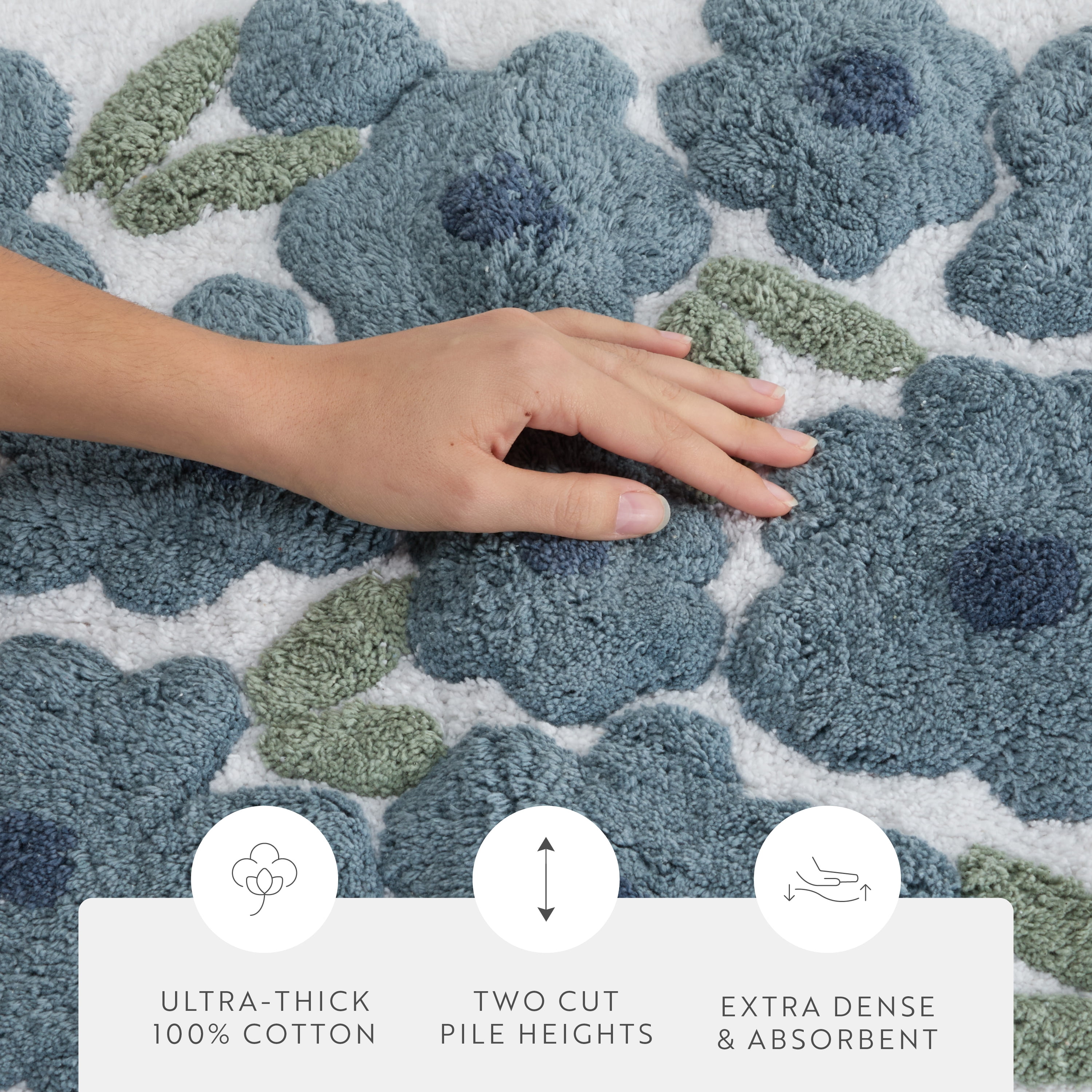 100% Cotton Floral Patterned Bath Mat by Comfort Canopy, Light Blue Blossoms, 24" x 17"