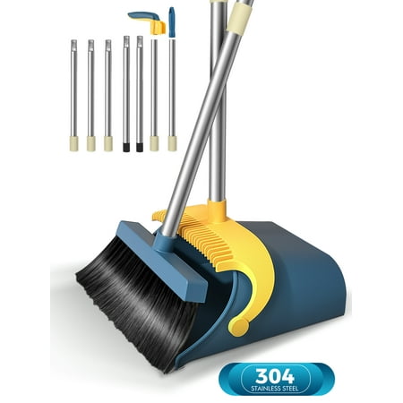bimzuc upgrade broom and dustpan set for home self-cleaning with dustpan teeth 51.2in stand up blue