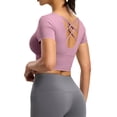 thumbnail image 5 of Women's Short Sleeve Crop Shirts Scoop Neck Slim Fit Strappy Open Back Criss Cross Jersey Summer Activewear, Workout Yoga Pilates Athletic Fitness Running Tops, 5 of 7