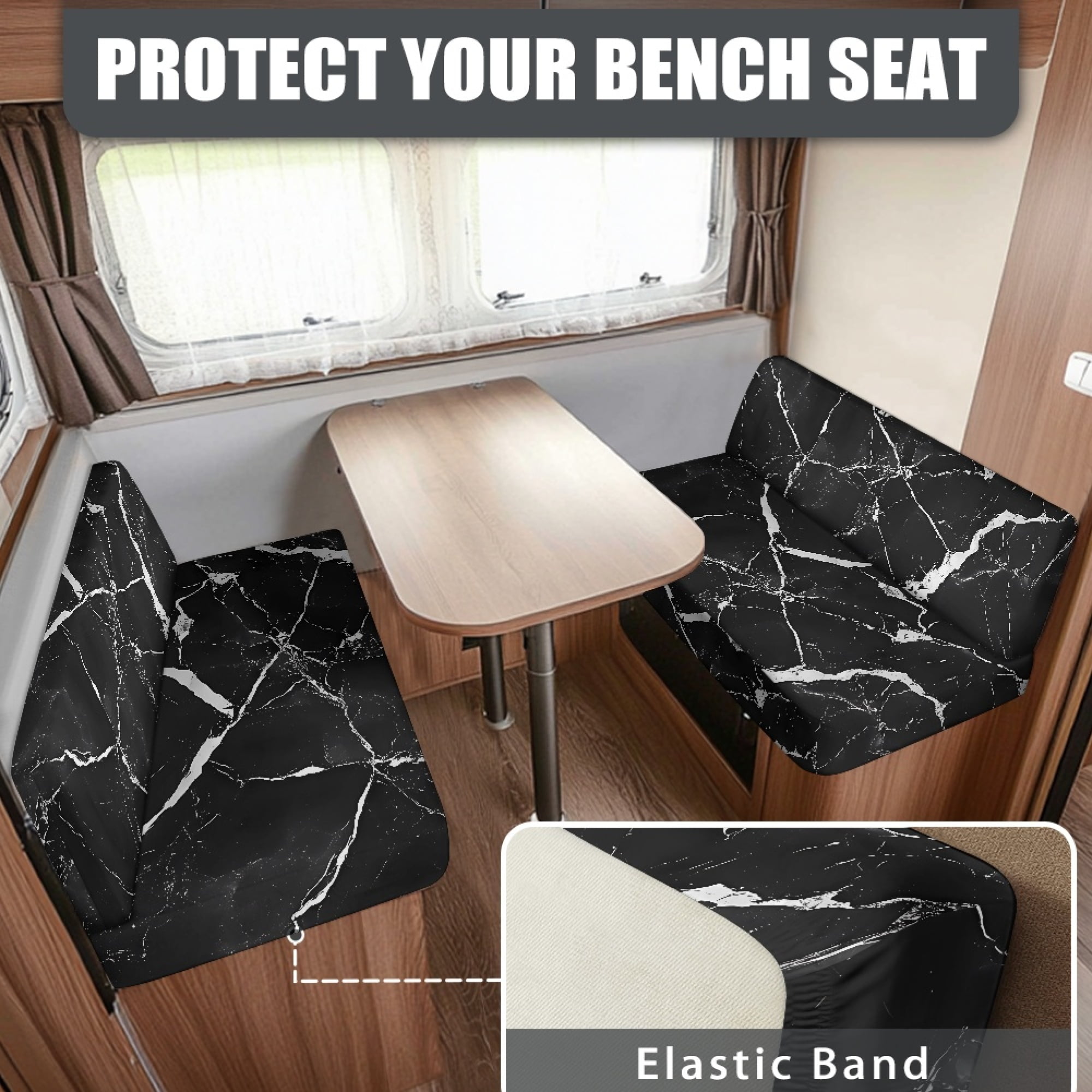 Yuyamidu Black Marble Print RV Dinette Cushion Covers Stretch RV Couch Cover Replacement for RV Camper Car Bench 1 Backrest Covers and 1 Bench Covers